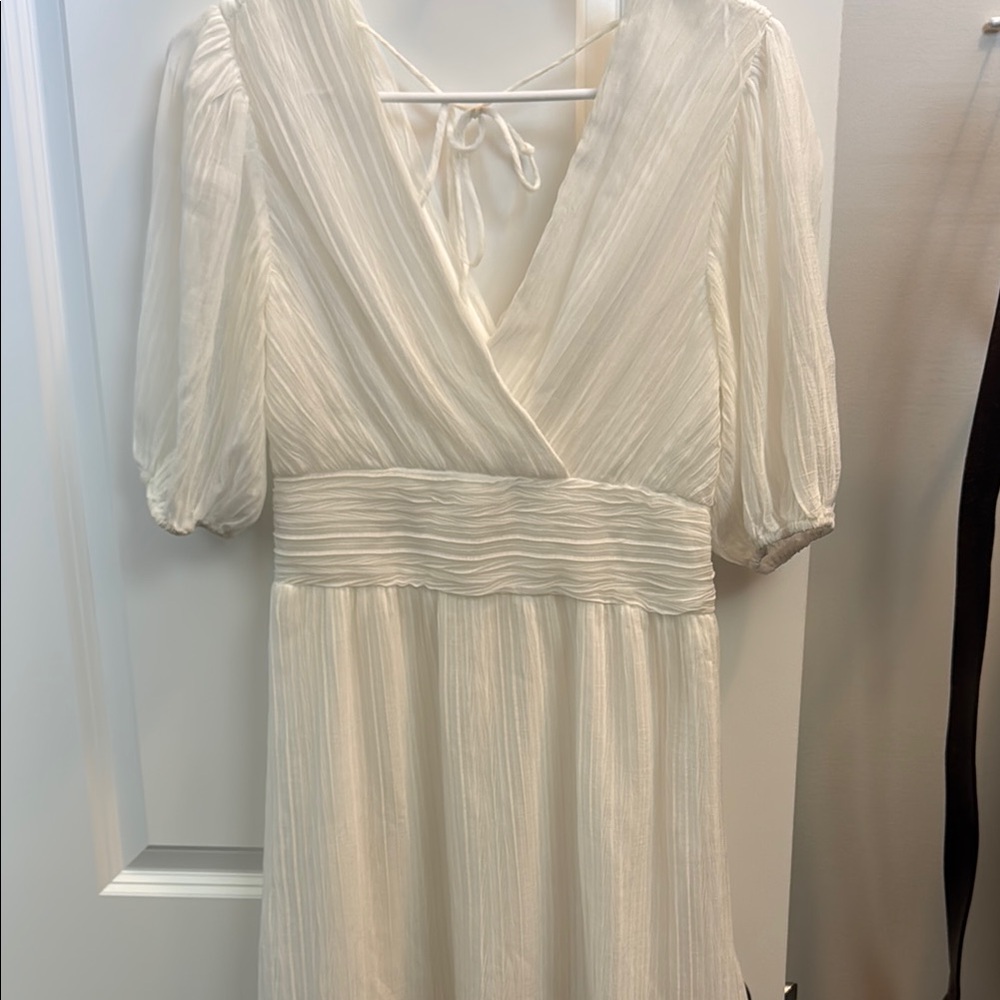Cream Wrap Sundress with Puff Sleeves and V-Neck